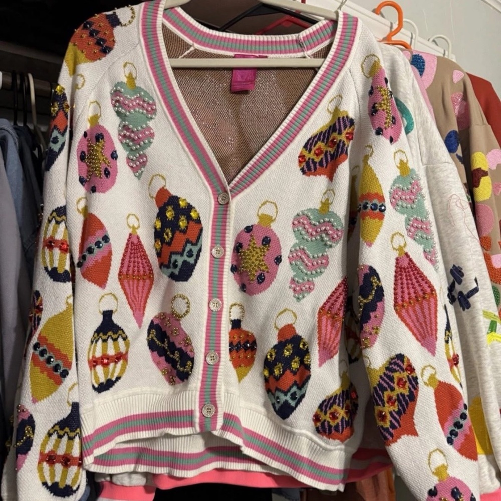 QUEEN OF SPARKLES Festive Ornament Cardigan - White, Pink, Yellow, Blue